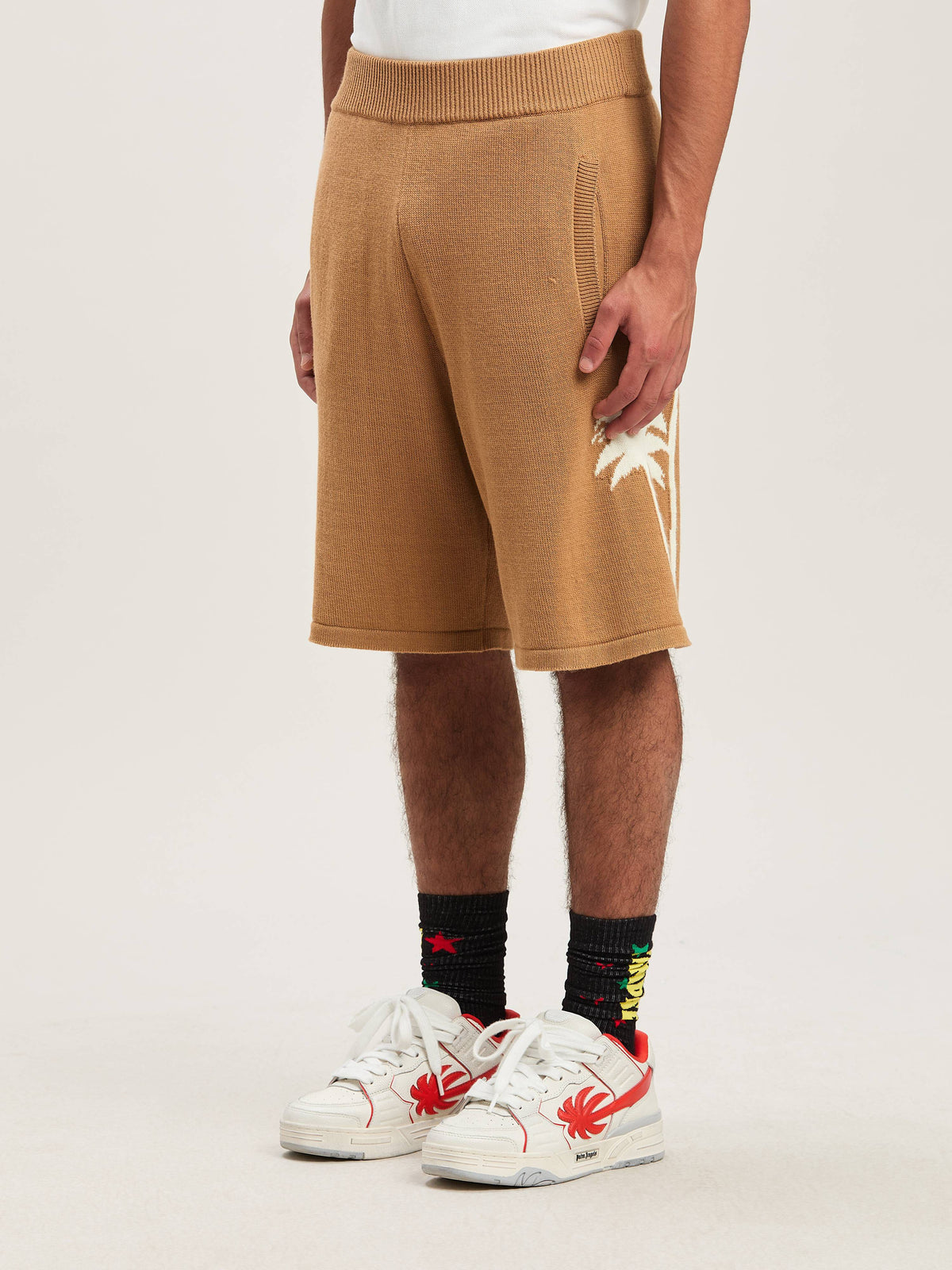 PALM ANGELS  PALMS KNIT SHORTS BEIGE - OFF WHITE PMHM012S25KNI002