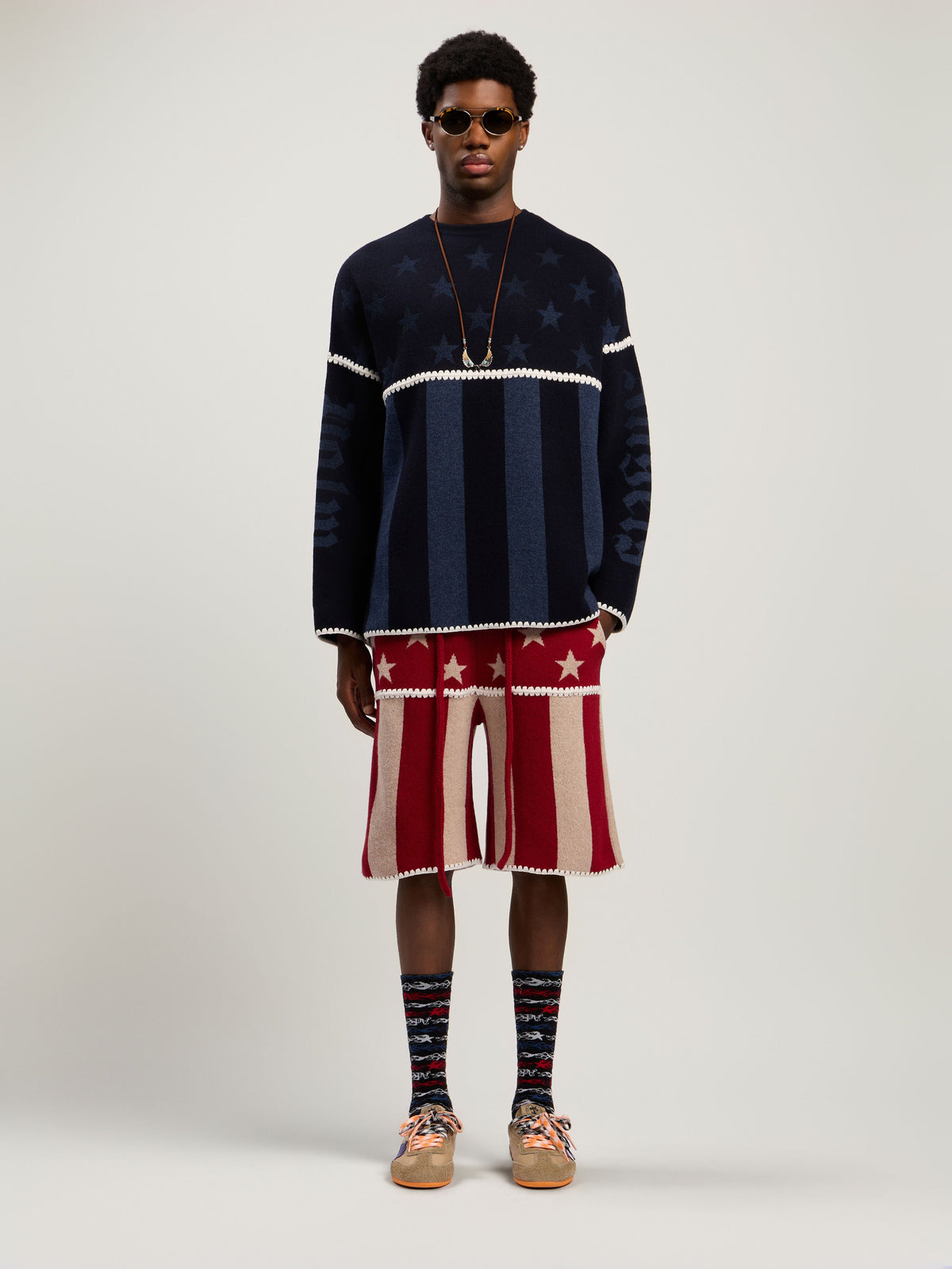 PALM ANGELS Stars and Stripes Shorts RED - ECRU PMHM015F25KNI001