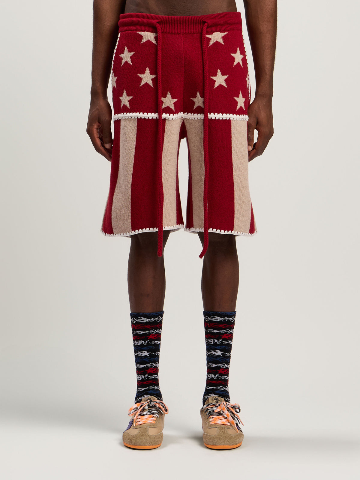 PALM ANGELS Stars and Stripes Shorts RED - ECRU PMHM015F25KNI001