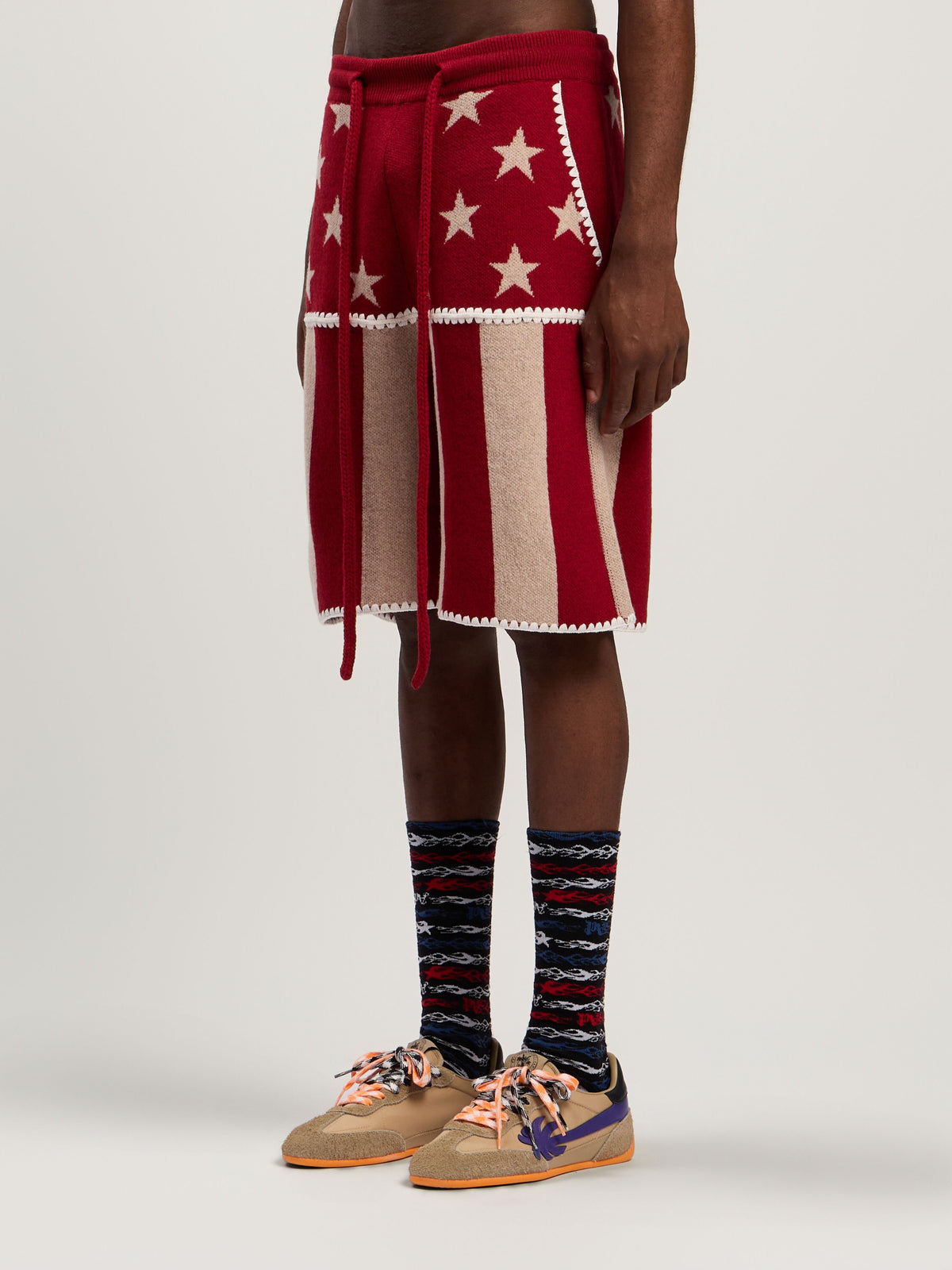 PALM ANGELS Stars and Stripes Shorts RED - ECRU PMHM015F25KNI001