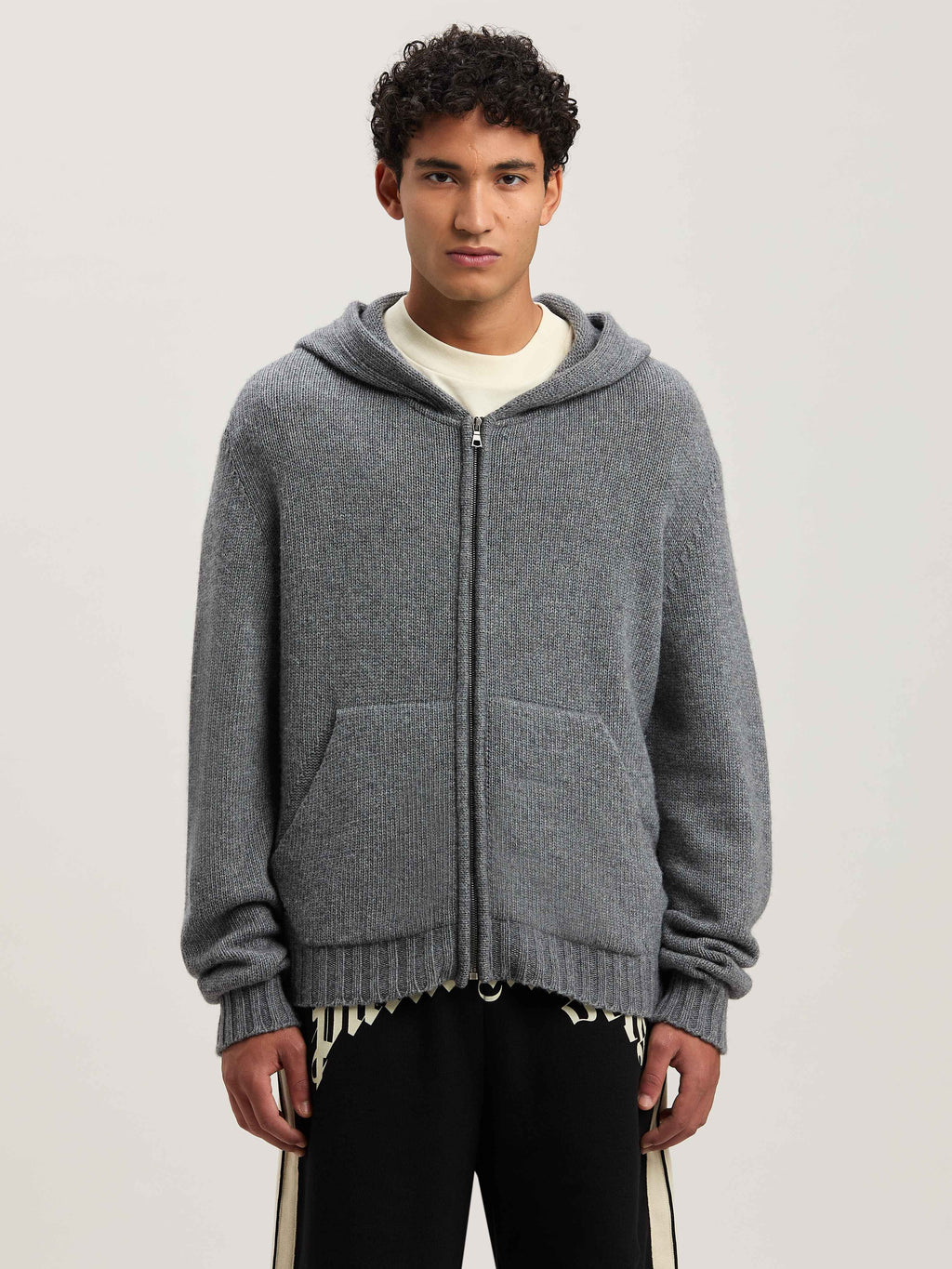PALM ANGELS  CURVED LOGO ZIP KNIT HOODY GREY MELANGE GREY MELANGE - OFF WHITE PMHU023S25KNI001