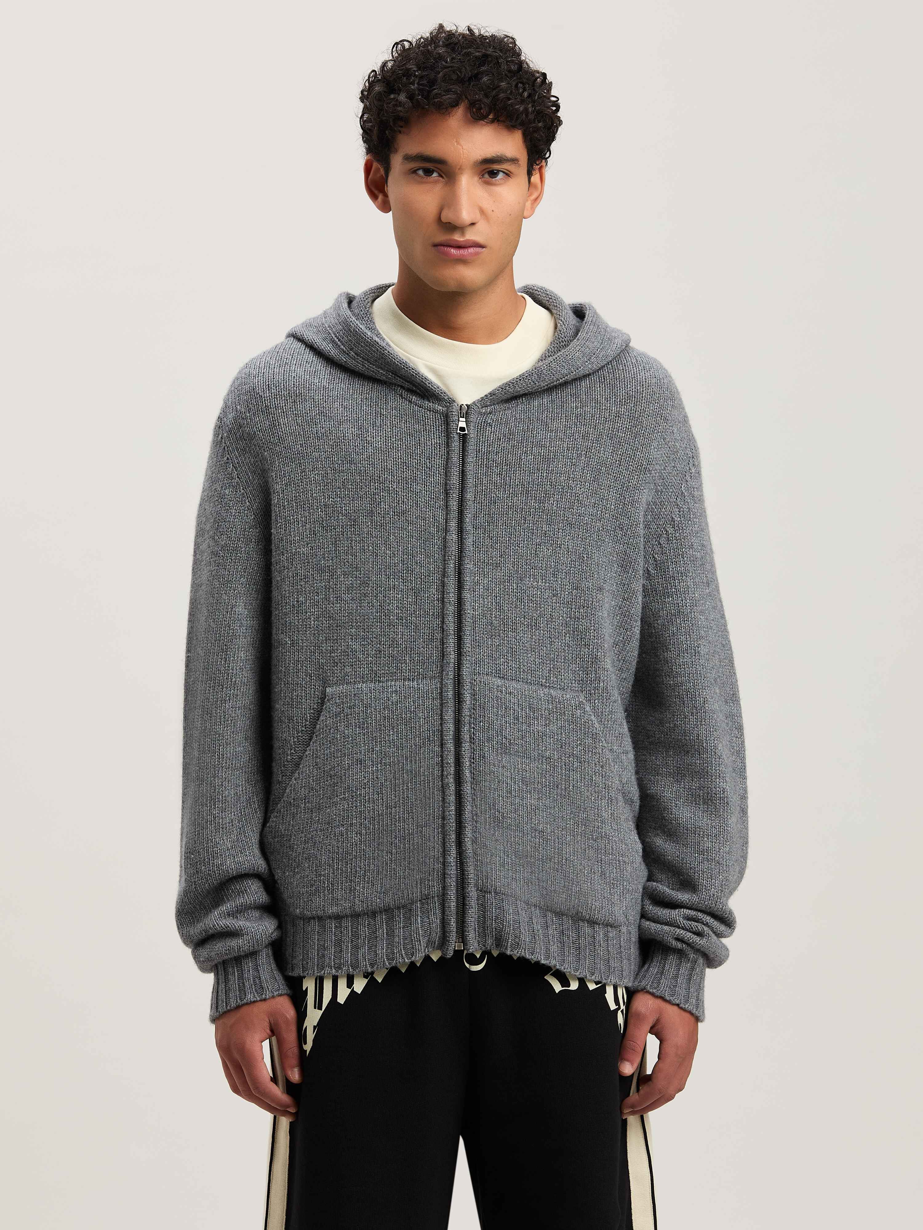 PALM ANGELS  CURVED LOGO ZIP KNIT HOODY GREY MELANGE GREY MELANGE - OFF WHITE PMHU023S25KNI001