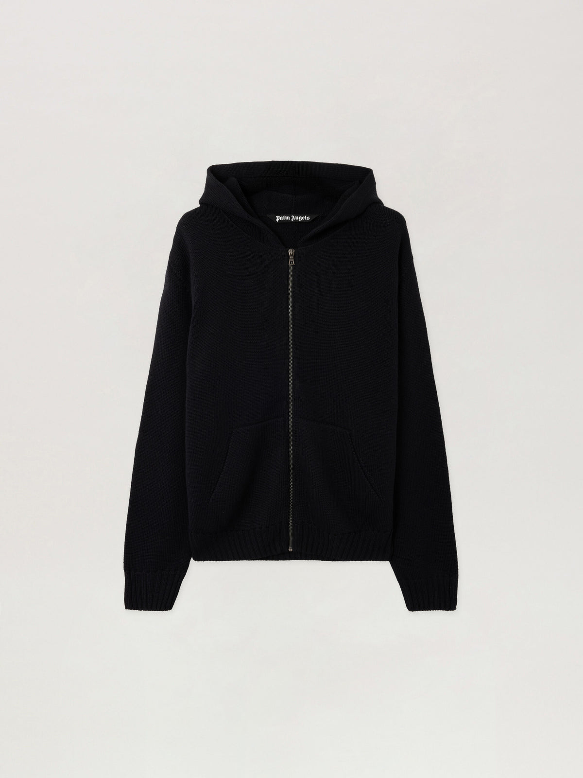 PALM ANGELS Back Curved Logo Knit Hoodie BLACK OFF WHITE PMHU02CS26KNI001
