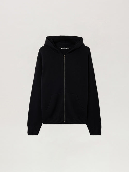 PALM ANGELS Back Curved Logo Knit Hoodie BLACK OFF WHITE PMHU02CS26KNI001