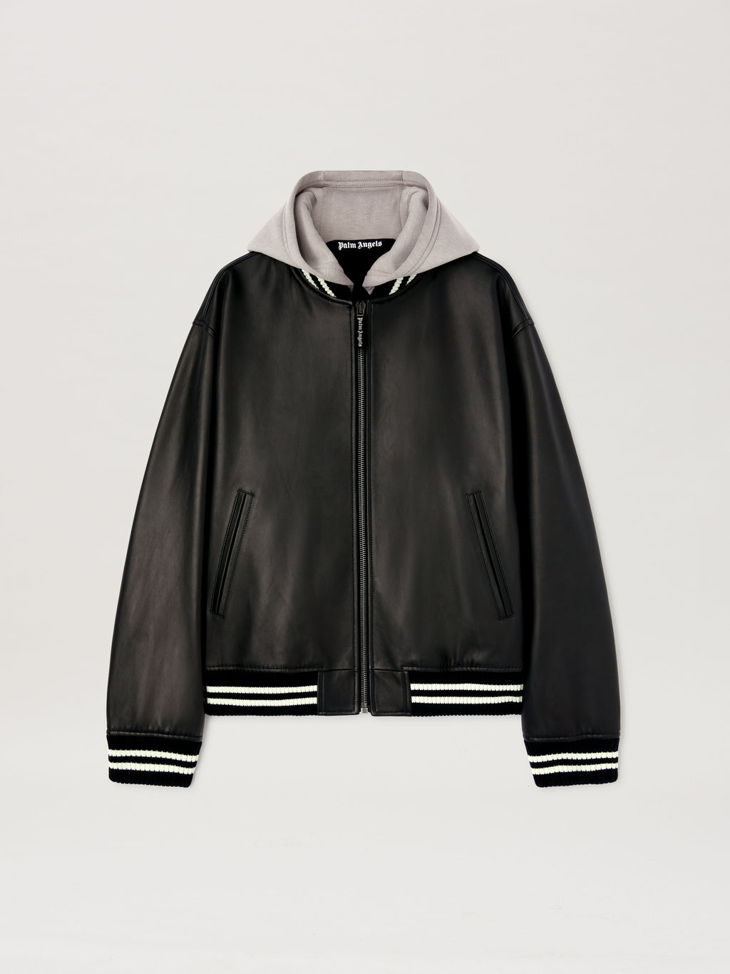PALM ANGELS  CURVED LOGO LEATHER BOMBER BLACK - OFF W BLACK - OFF WHITE PMJA043S25LEA001