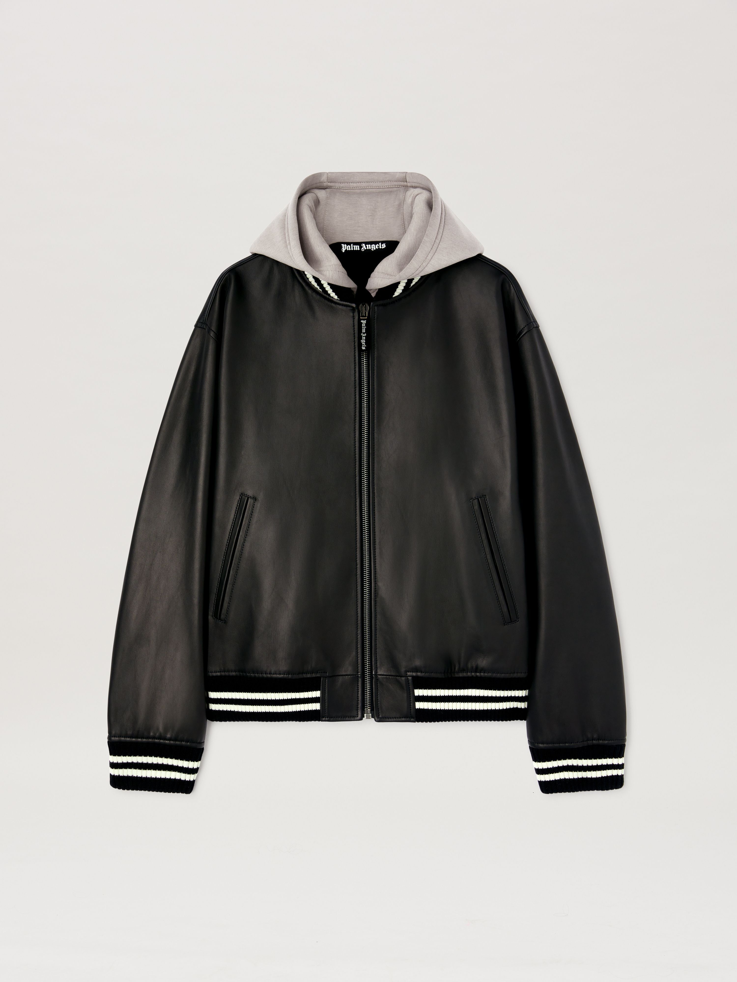 PALM ANGELS  CURVED LOGO LEATHER BOMBER BLACK - OFF W BLACK - OFF WHITE PMJA043S25LEA001