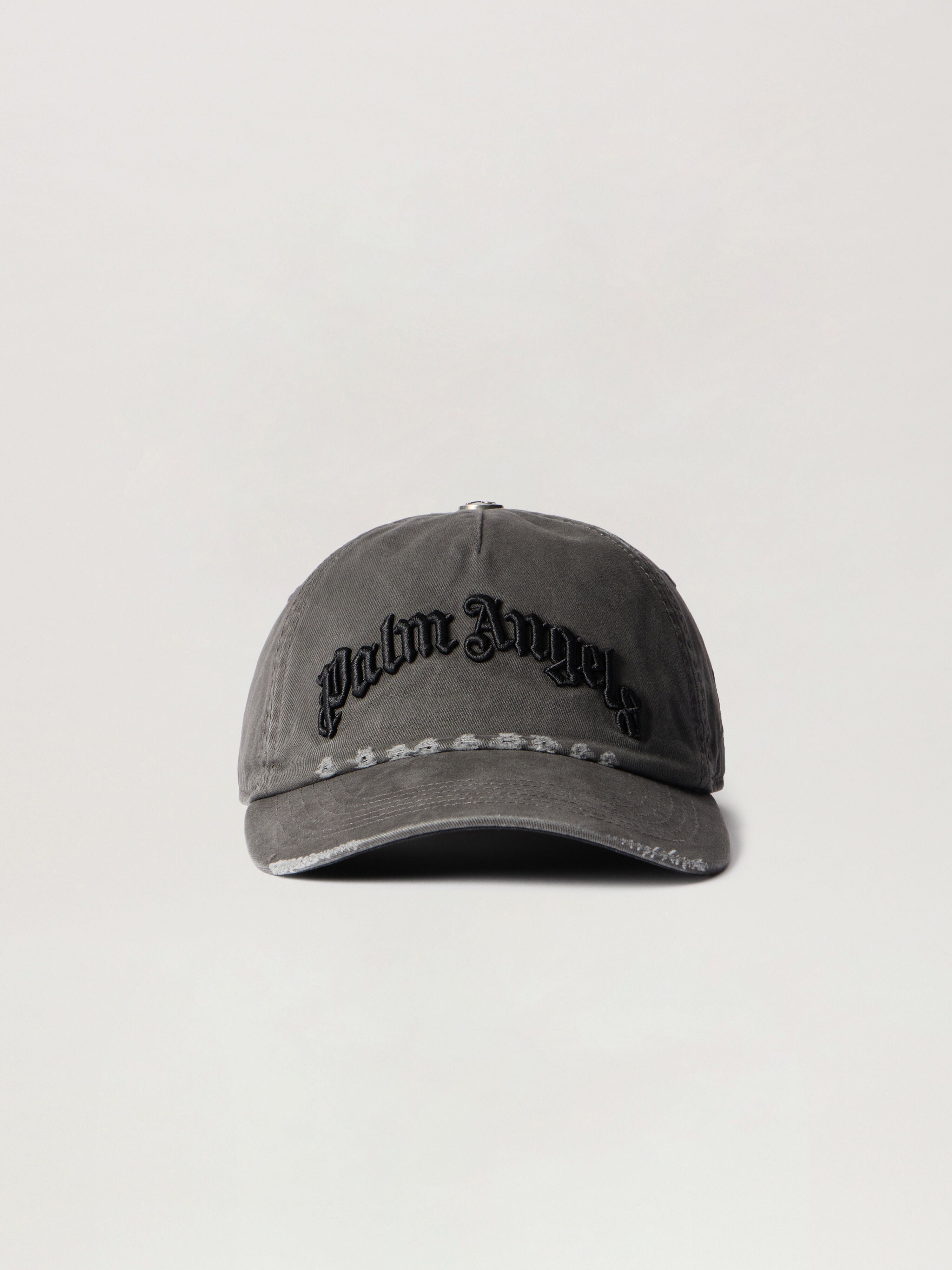 PALM ANGELS Curved Logo Distressed Cap ANTHRACITE - BLACK PMLB104F25FAB007
