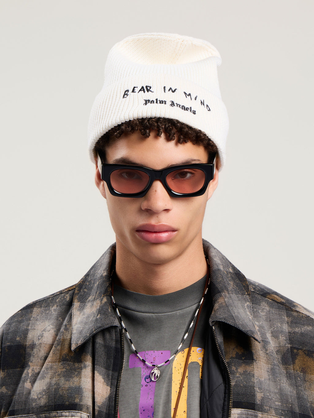 PALM ANGELS Bear In Mind Beanie OFF WHITE - BROWN PMLC030F25KNI001