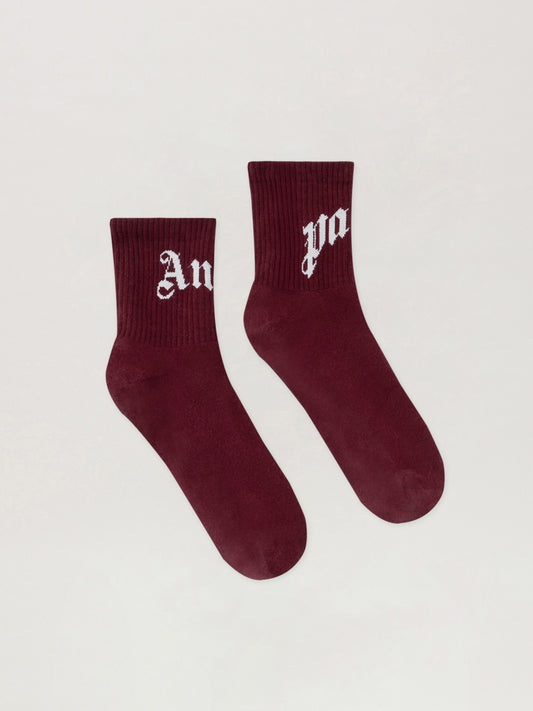 PALM ANGELS Curved Logo Socks BURGUNDY - OFF WHITE PMRA008F25FAB001