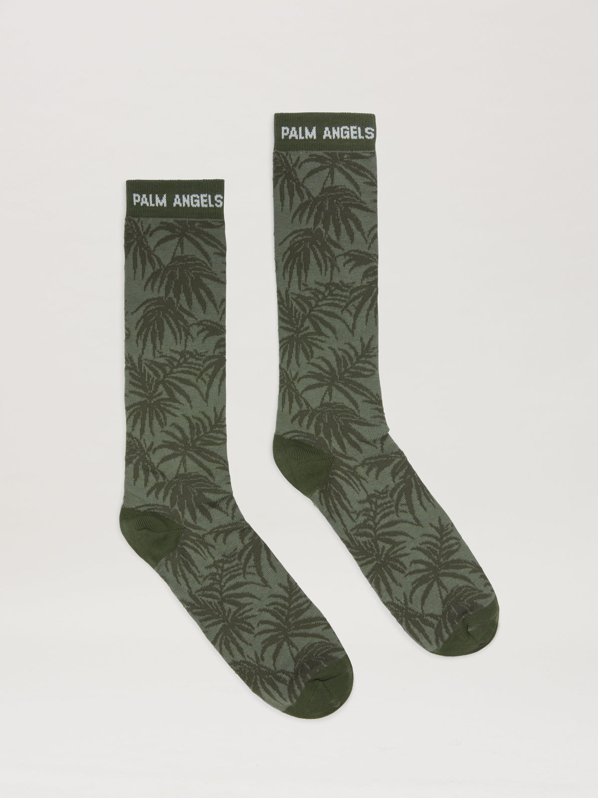 PALM ANGELS  JACQUARD PALMS LOGO SOCKS MILITARY GREEN MILITARY GREEN - OFF WHITE PMRA00BS25FAB001