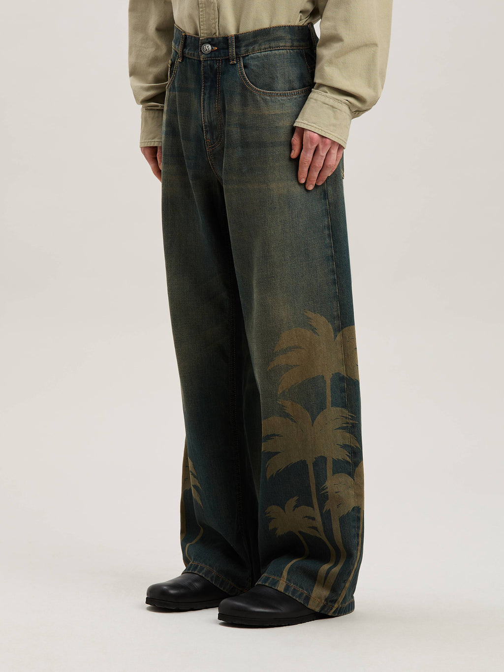 PALM ANGELS  LASER PALMS LOOSE DENIM PANTS BROWN - GR BROWN - GREY PMYA049S25DEN001