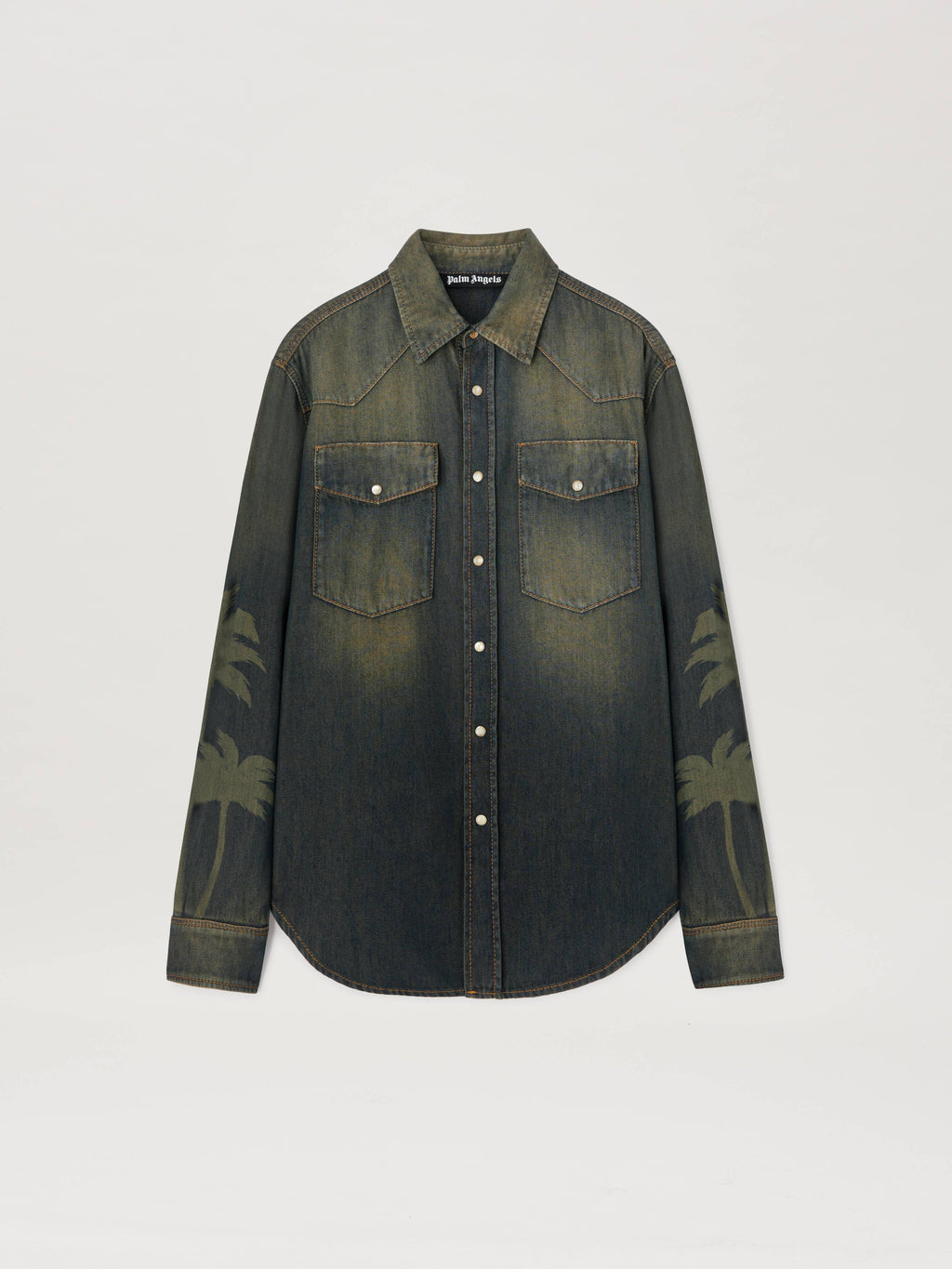 PALM ANGELS  LASER PALMS DENIM SHIRT BROWN - GREY PMYD019S25DEN001