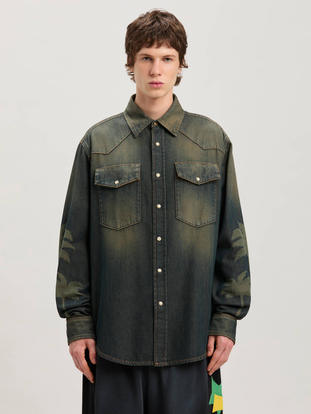 PALM ANGELS  LASER PALMS DENIM SHIRT BROWN - GREY PMYD019S25DEN001