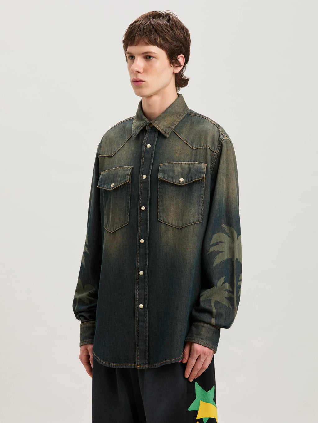PALM ANGELS  LASER PALMS DENIM SHIRT BROWN - GREY PMYD019S25DEN001