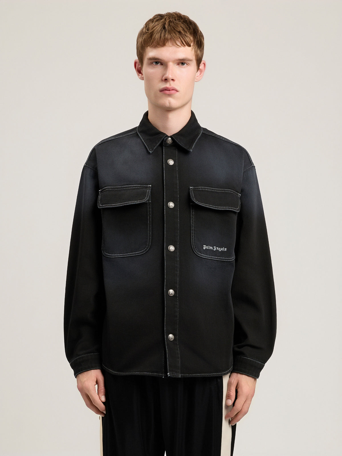PALM ANGELS Classic Logo Loose Denim Shirt BLACK OFF WHITE PMYD024S26DEN001