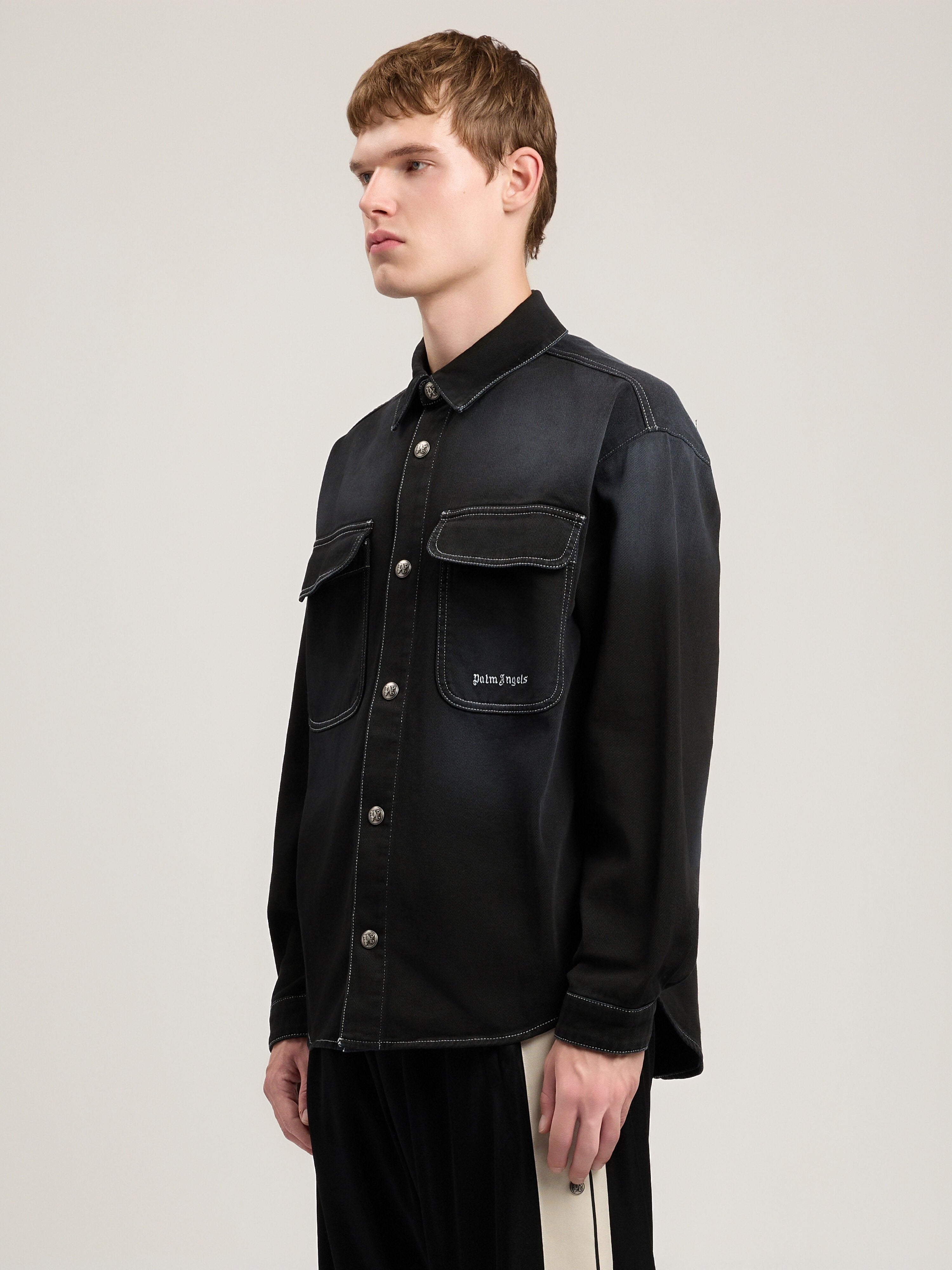 PALM ANGELS Classic Logo Loose Denim Shirt BLACK OFF WHITE PMYD024S26DEN001