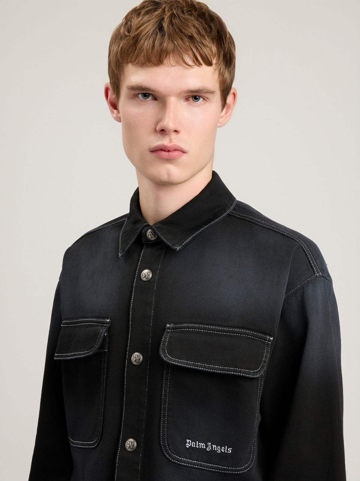 PALM ANGELS Classic Logo Loose Denim Shirt BLACK OFF WHITE PMYD024S26DEN001