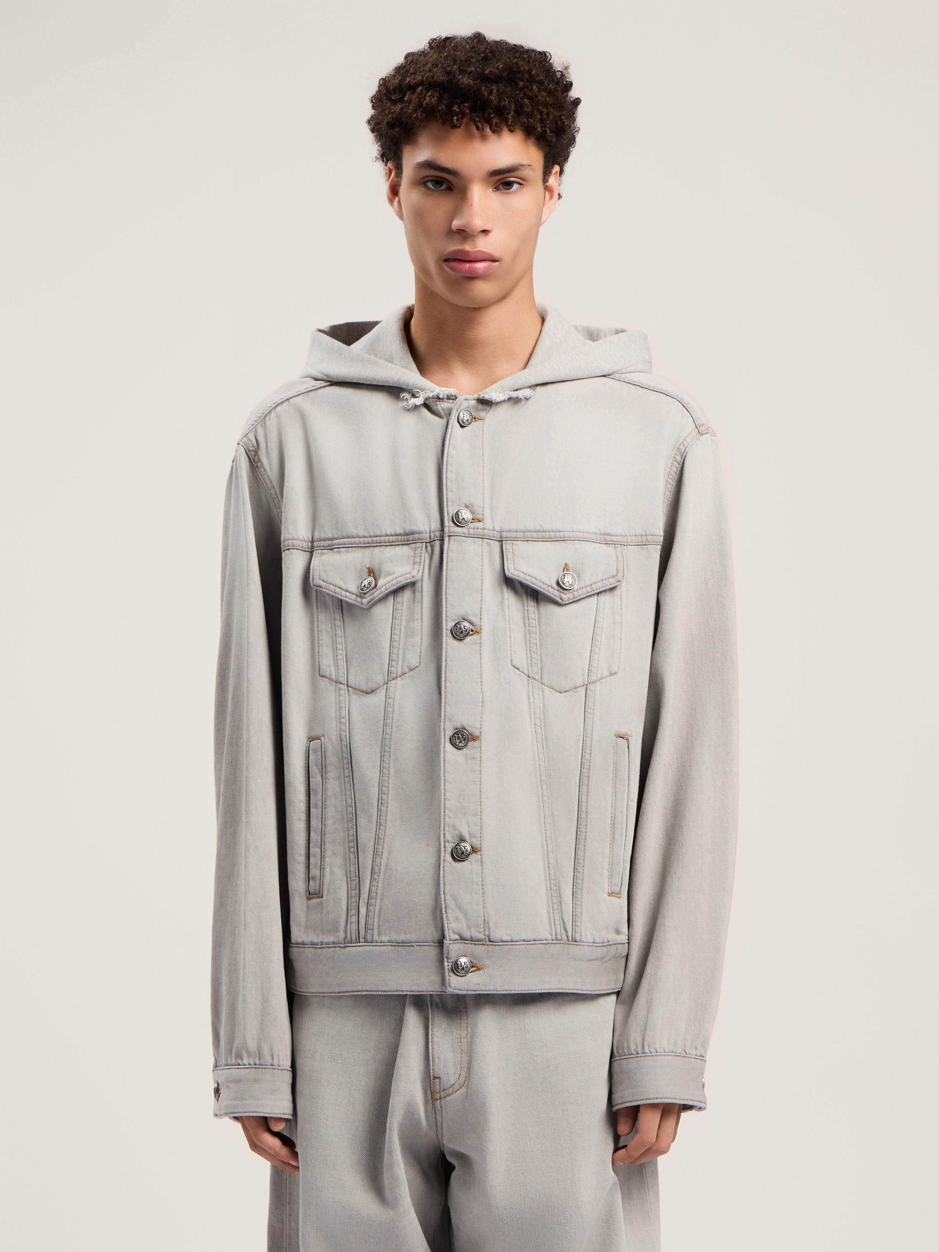 PALM ANGELS Curved Logo Denim Jacket LIGHT GREY - GREY MELANGE PMYE05CF25DEN001
